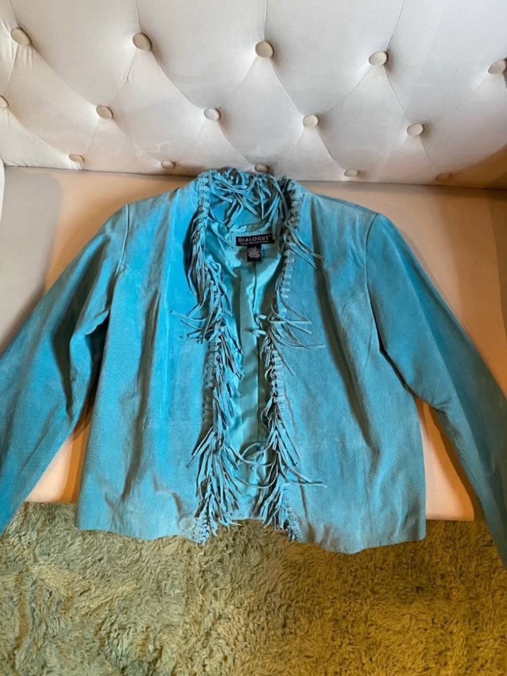Dialogue Boho or Southwestern Turquoise Color Suede Fringe Open Front Jacket
